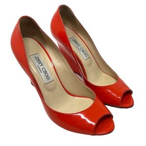 Jimmy Choo Patent Leather Orange Red Wedge Peep Toe Heels